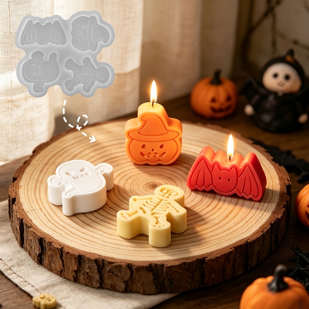 Candle Molds - 4つの空洞を持つシリコン樹脂型セット。DIY粘土の幽霊、カボチャ、コウモリ、スカルキャンドル、ホリデークラフト用の石膏オーナメントに。